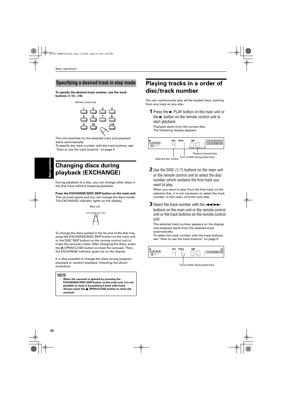 Changing discs during playback (exchange), Playing tracks in a order of disc/track number, Specifying a desired track in stop mode | JVC XL-FZ700BK User Manual | Page 12 / 18