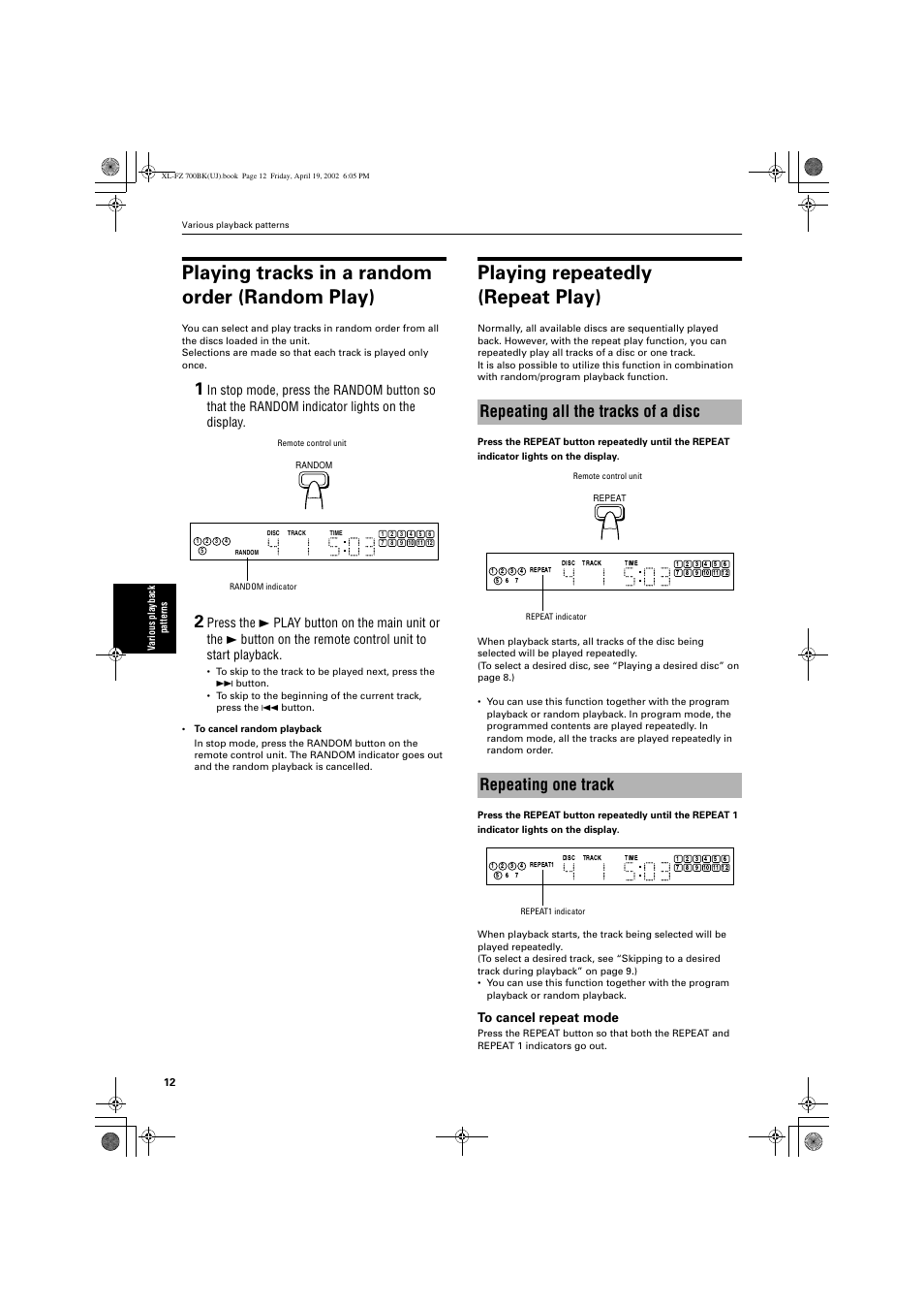 Playing tracks in a random order (random play), Playing repeatedly (repeat play) | JVC XL-FZ700BK User Manual | Page 14 / 18