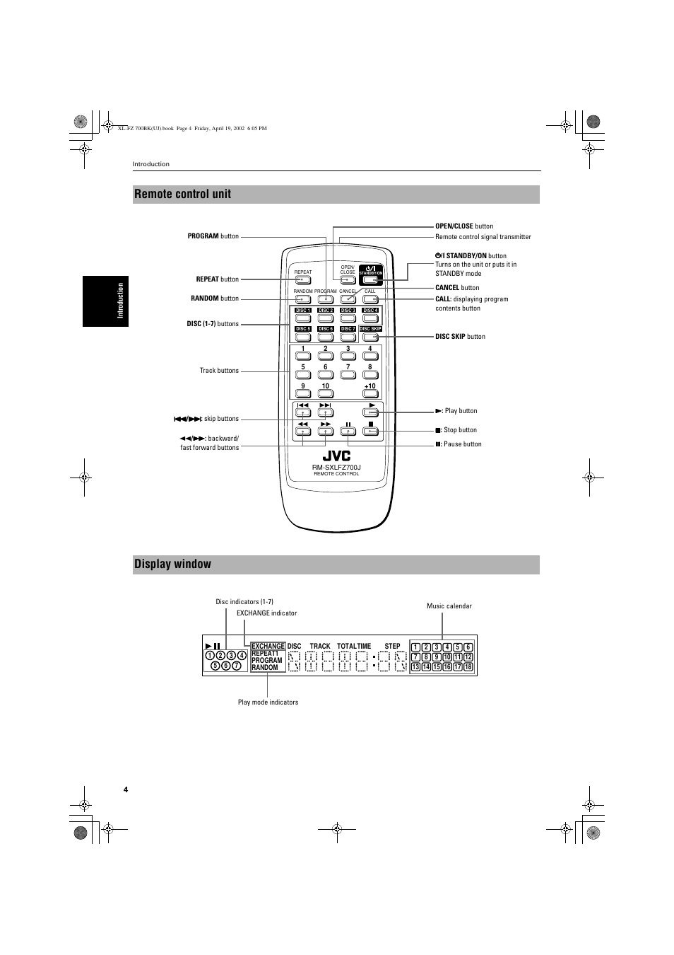 Remote control unit, Display window | JVC XL-FZ700BK User Manual | Page 6 / 18