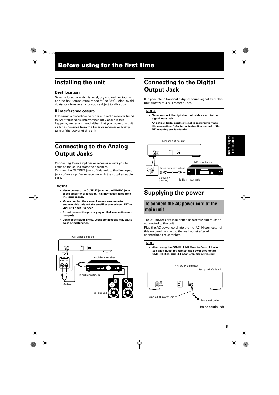 Before using for the first time, Connecting to the analog output jacks, Connecting to the digital output jack | Supplying the power | JVC XL-FZ700BK User Manual | Page 7 / 18