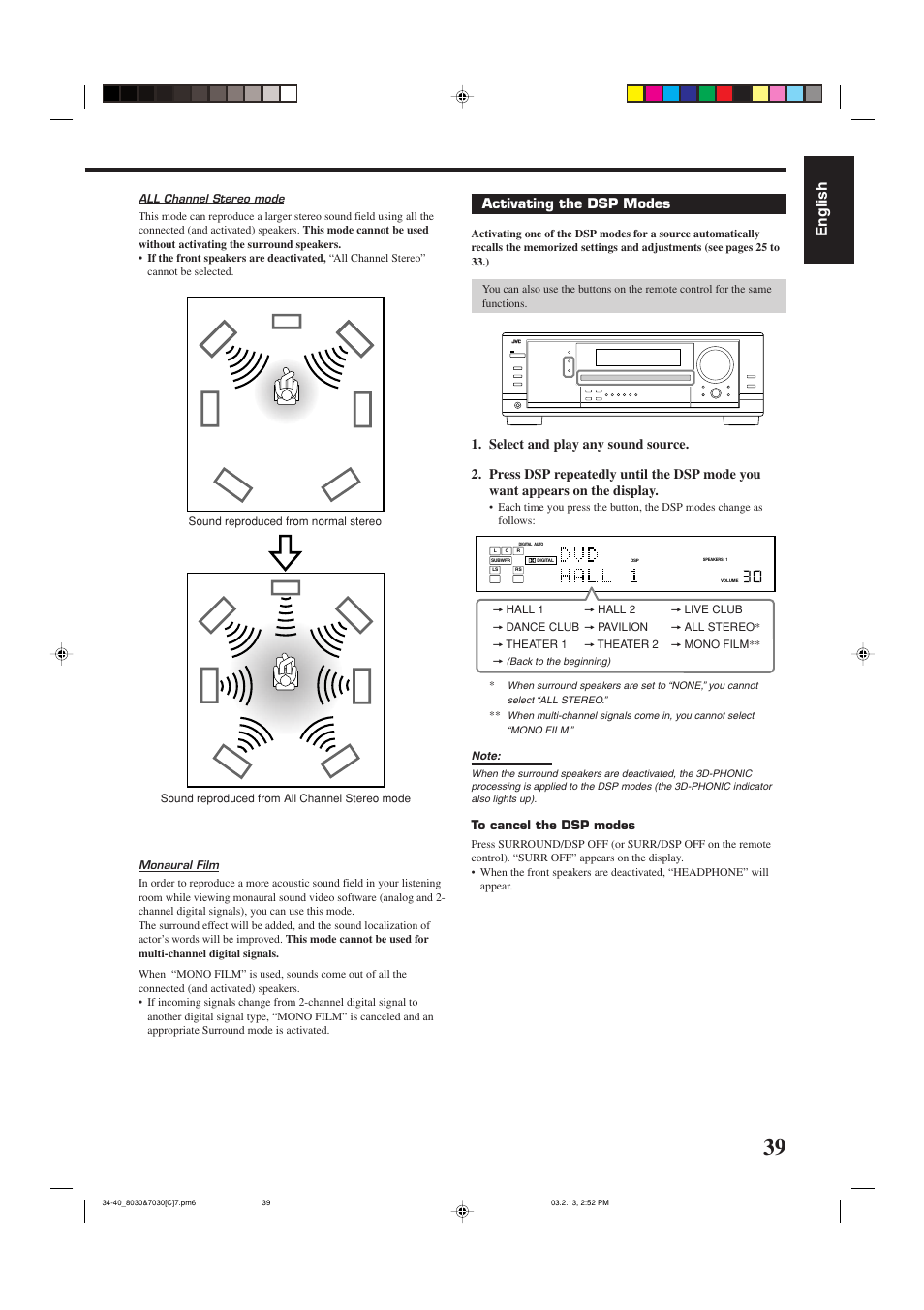 English, Activating the dsp modes | JVC RX-7030VBK User Manual | Page 100 / 114