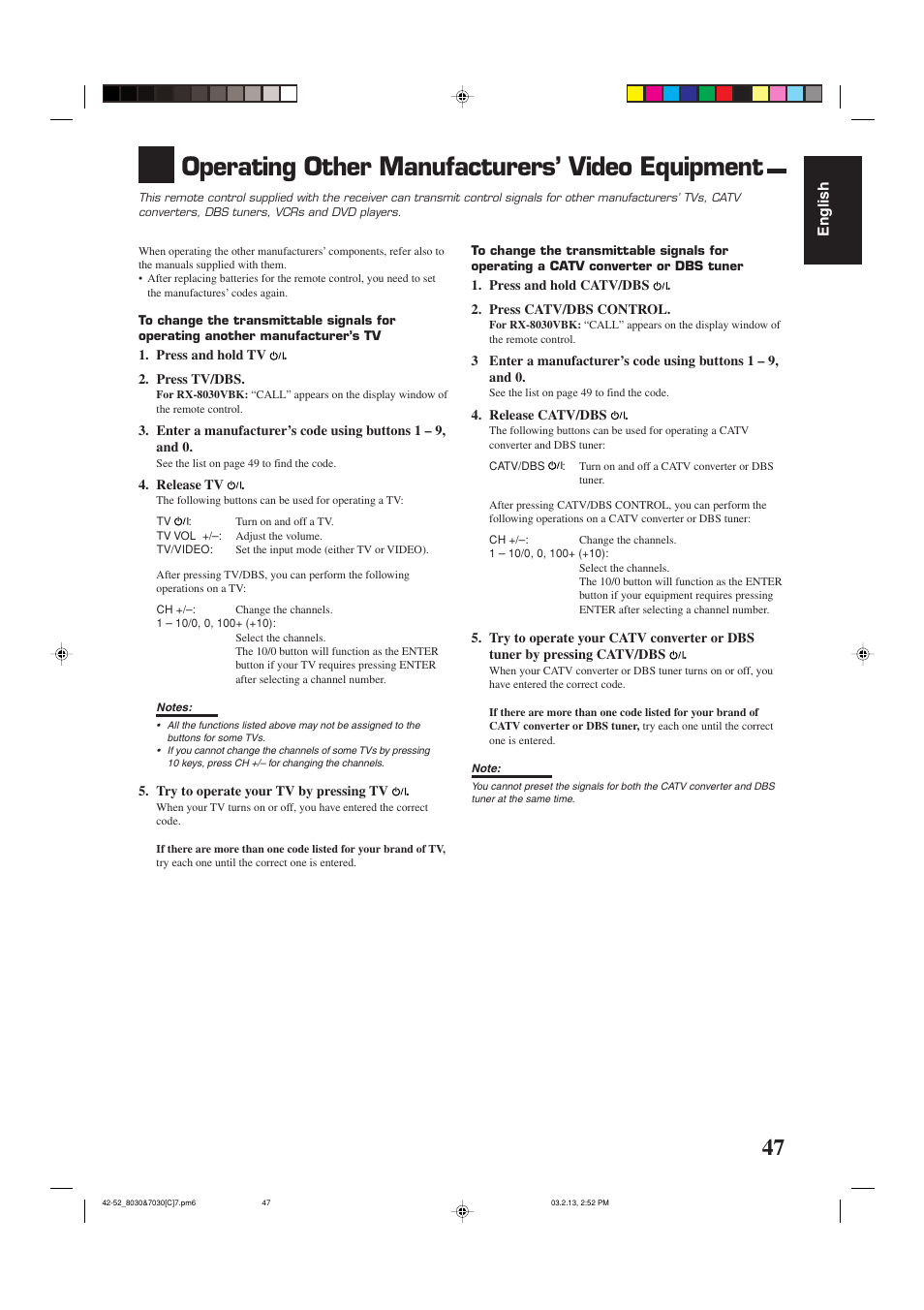 Operating other manufacturers’ video equipment | JVC RX-7030VBK User Manual | Page 108 / 114