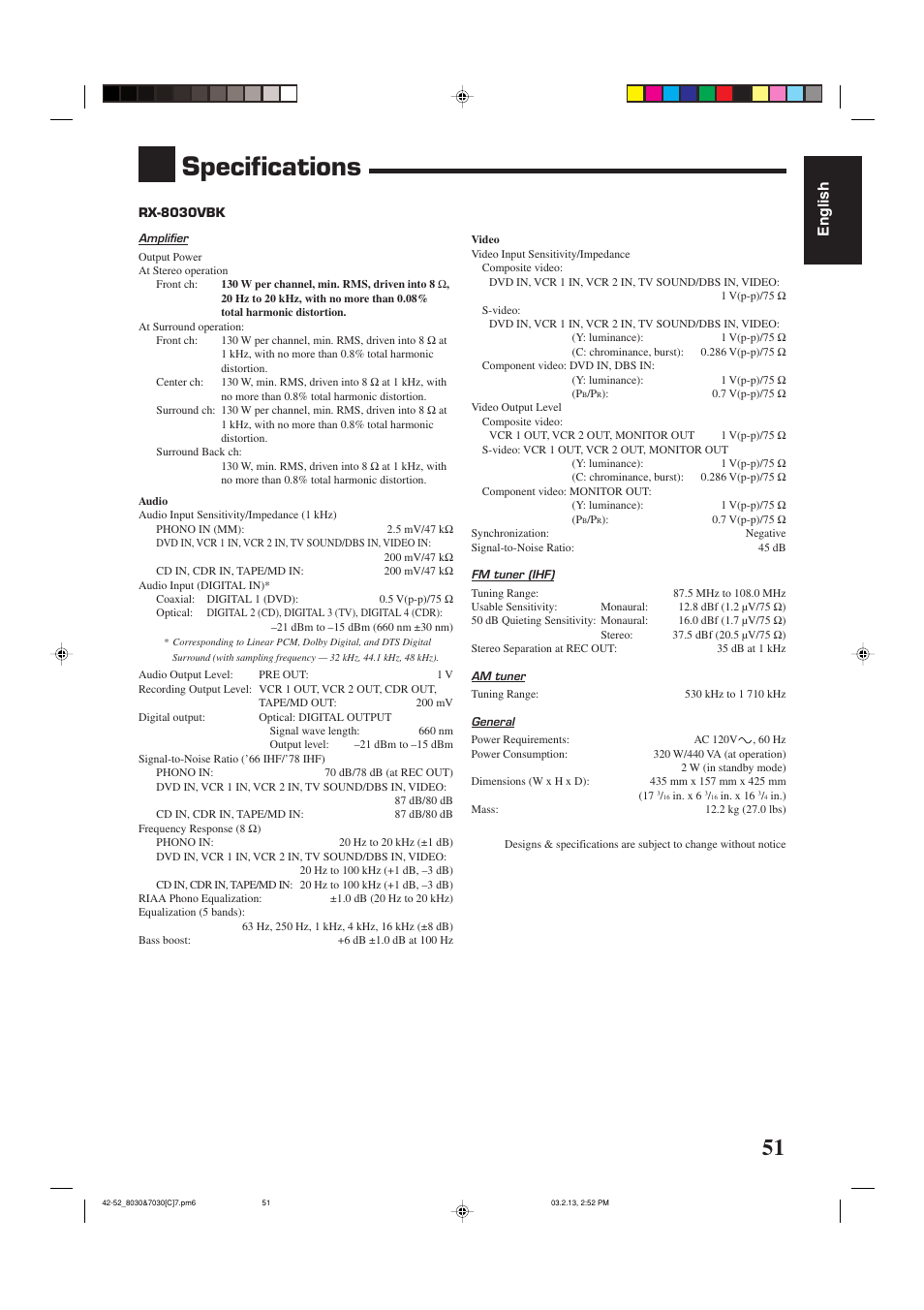 Specifications, English | JVC RX-7030VBK User Manual | Page 112 / 114