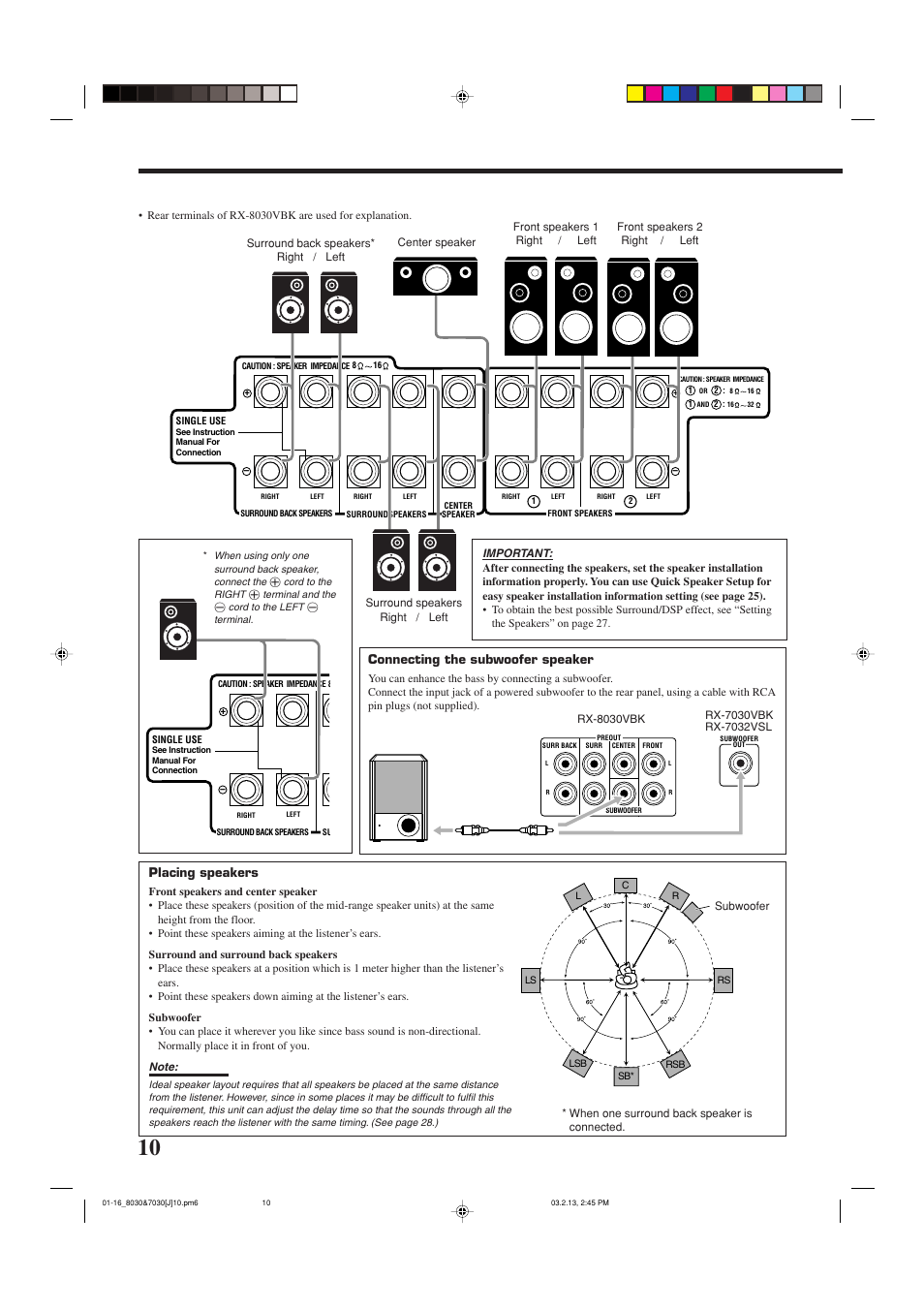 Placing speakers, Connecting the subwoofer speaker | JVC RX-7030VBK User Manual | Page 12 / 114