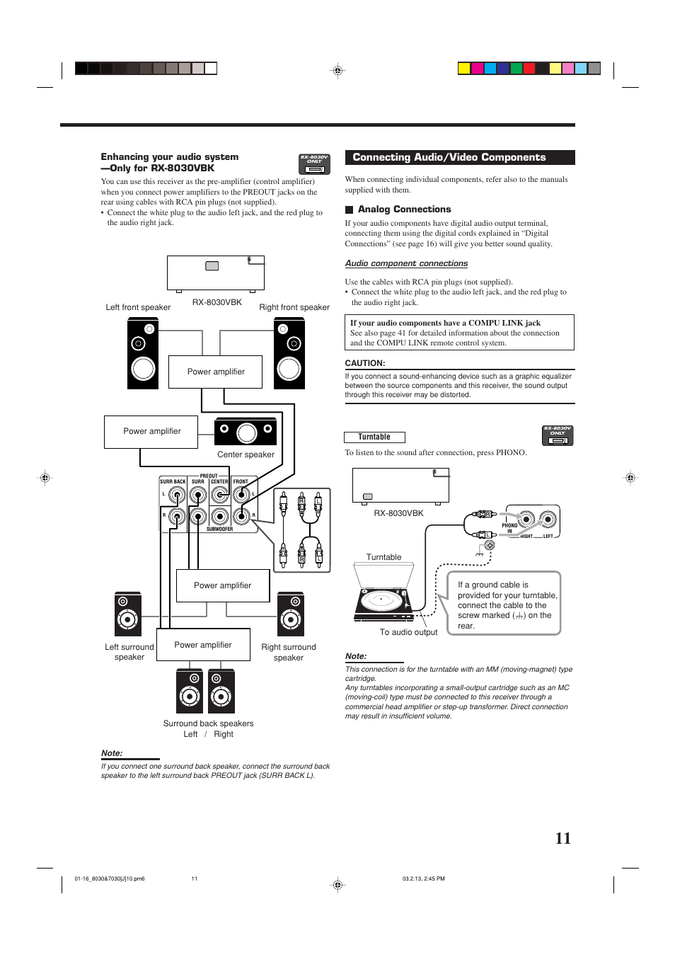 Connecting audio/video components, Analog connections, Enhancing your audio system —only for rx-8030vbk | JVC RX-7030VBK User Manual | Page 13 / 114