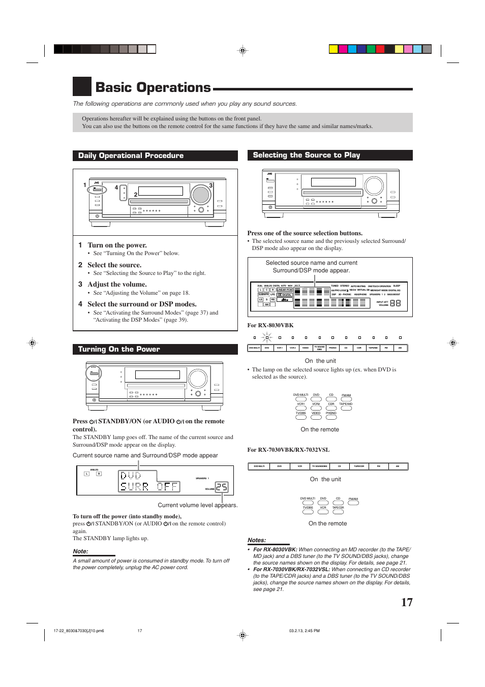 Basic operations, Selecting the source to play, Daily operational procedure 1 turn on the power | 2 select the source, 3 adjust the volume, 4 select the surround or dsp modes, Turning on the power, Press one of the source selection buttons, Press standby/on (or audio on the remote control), See “turning on the power” below | JVC RX-7030VBK User Manual | Page 19 / 114
