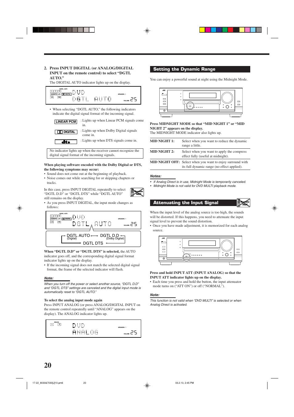 Setting the dynamic range, Attenuating the input signal, Dgtl auto dgtl d.d dgtl dts | JVC RX-7030VBK User Manual | Page 22 / 114