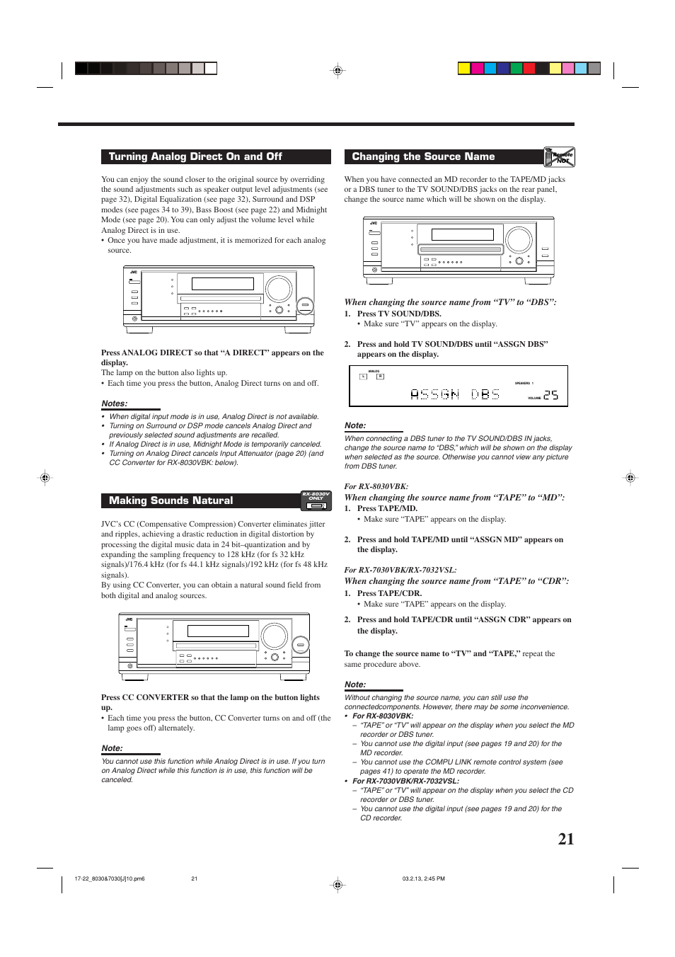 Turning analog direct on and off, Making sounds natural, Changing the source name | JVC RX-7030VBK User Manual | Page 23 / 114