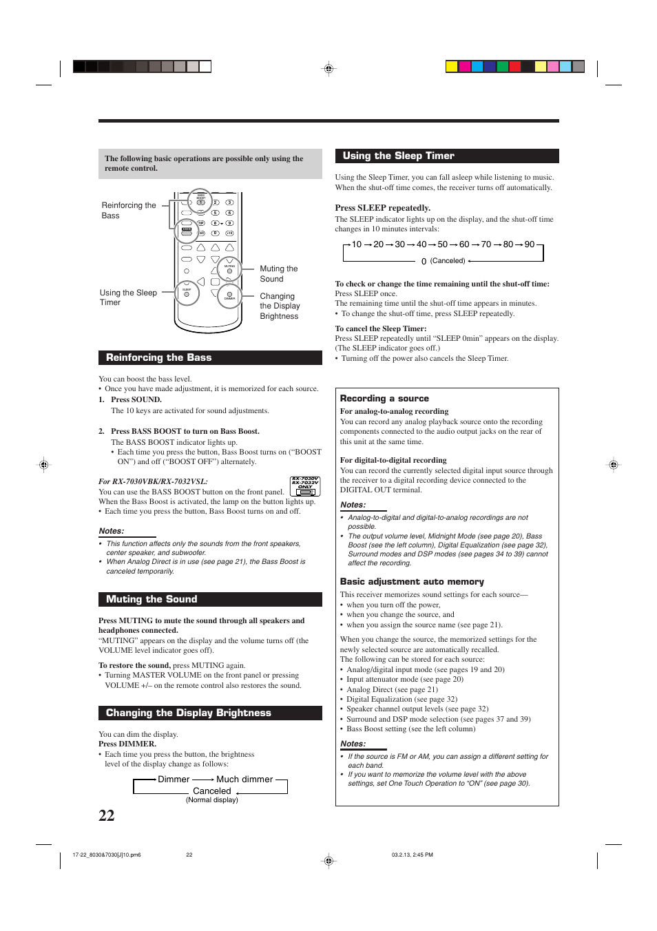 Reinforcing the bass, Muting the sound, Changing the display brightness | Using the sleep timer | JVC RX-7030VBK User Manual | Page 24 / 114