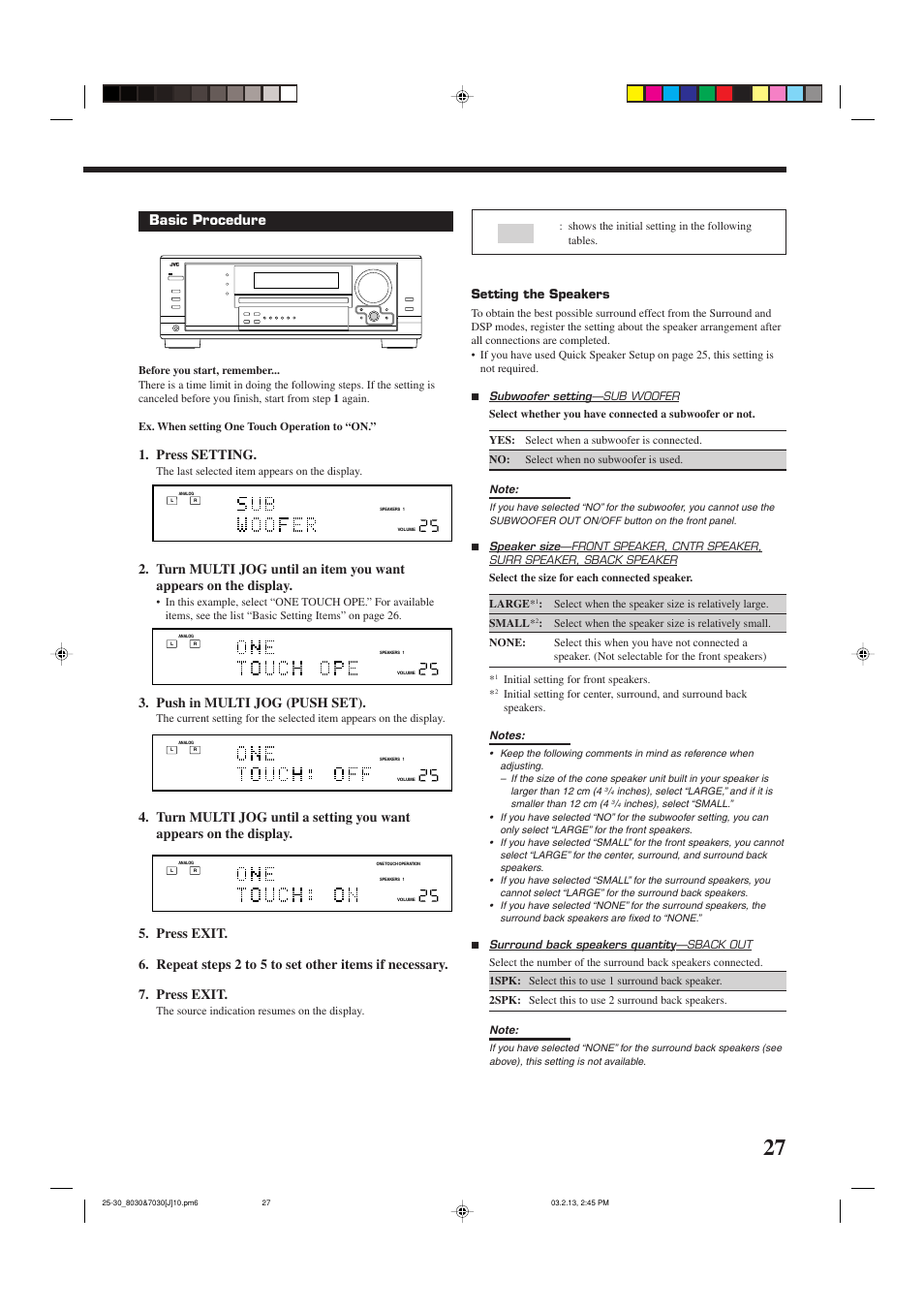 Basic procedure, Press setting, Push in multi jog (push set) | Setting the speakers | JVC RX-7030VBK User Manual | Page 29 / 114