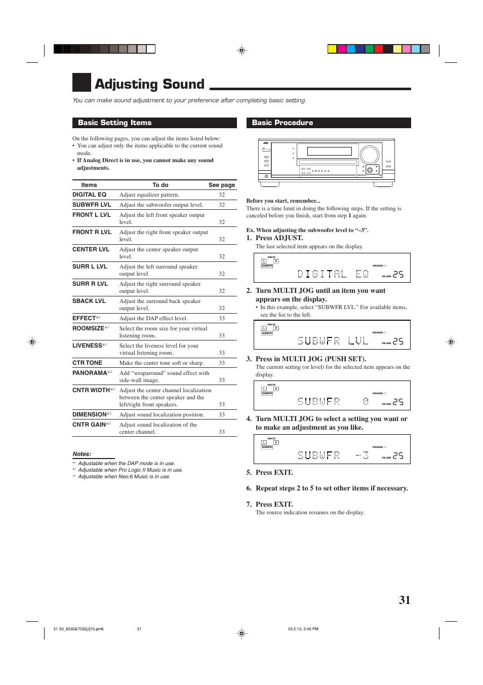 Adjusting sound, Basic procedure, Press adjust | Press in multi jog (push set), Basic setting items | JVC RX-7030VBK User Manual | Page 33 / 114