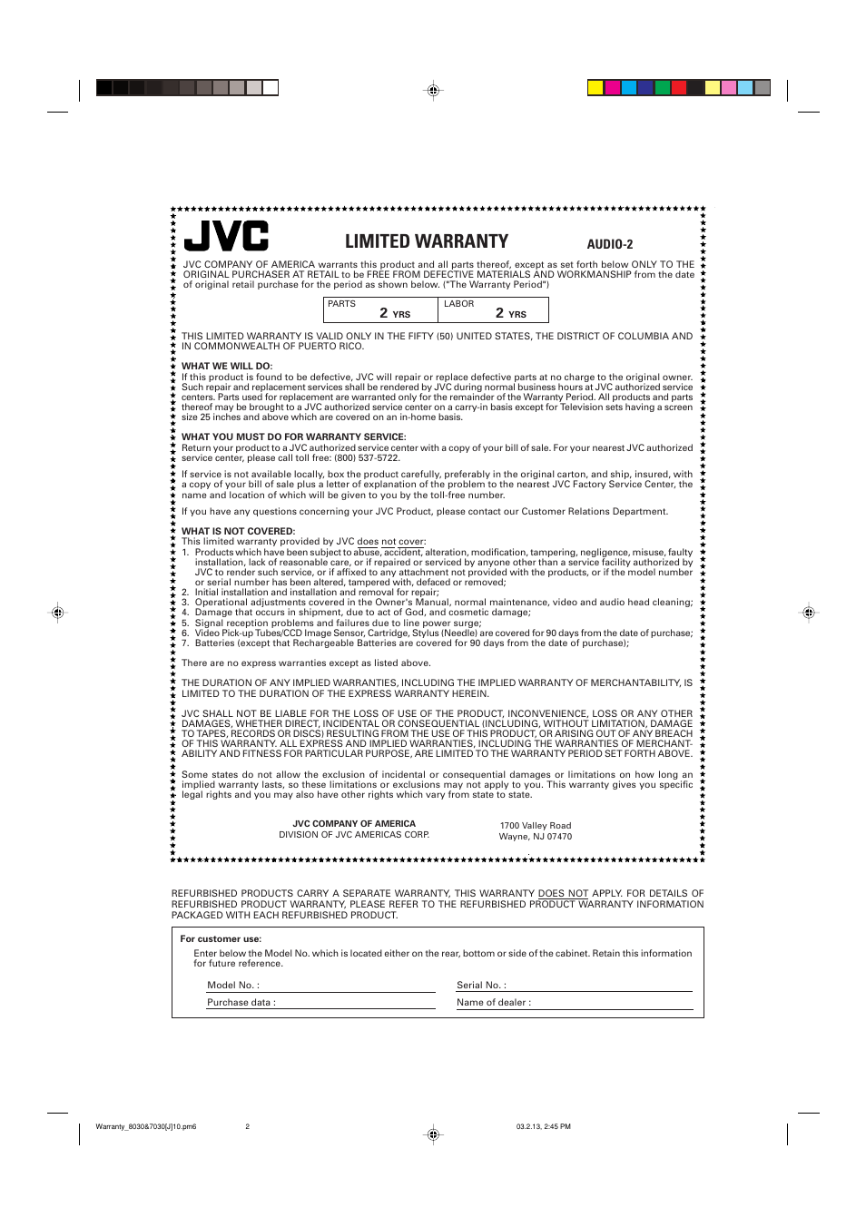 Limited warranty, Audio-2 | JVC RX-7030VBK User Manual | Page 55 / 114