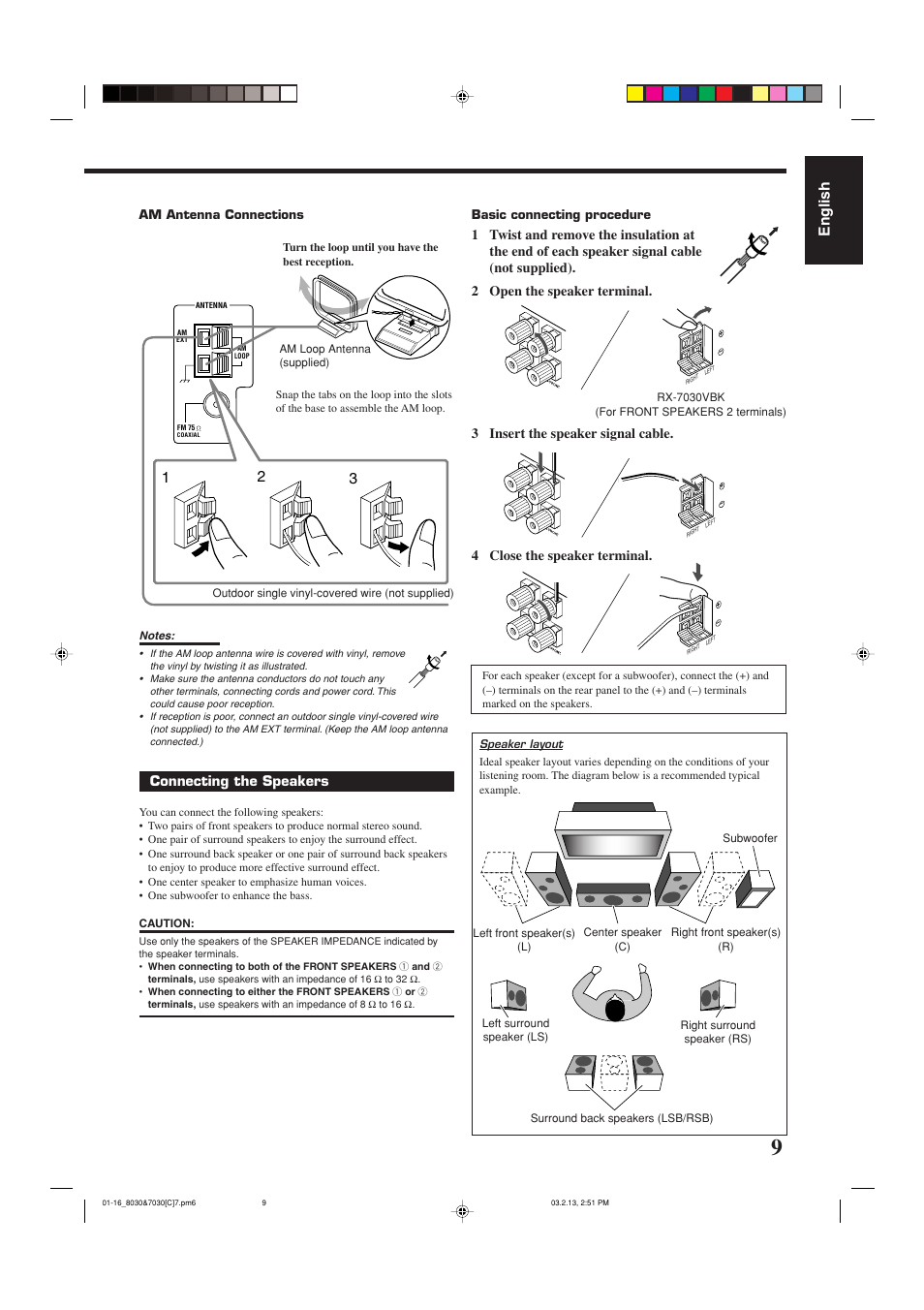 English, Connecting the speakers | JVC RX-7030VBK User Manual | Page 70 / 114