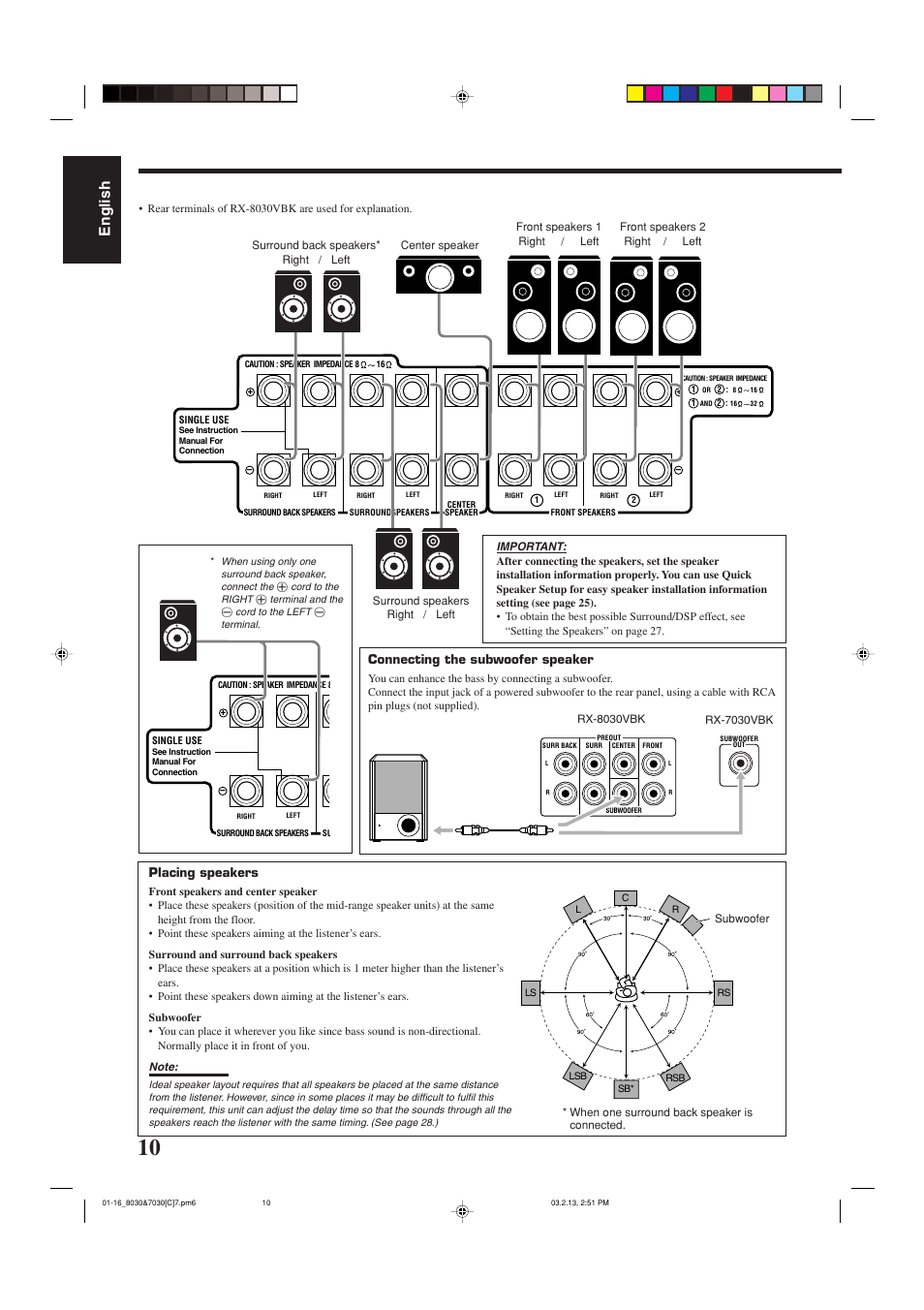 English, Placing speakers, Connecting the subwoofer speaker | JVC RX-7030VBK User Manual | Page 71 / 114