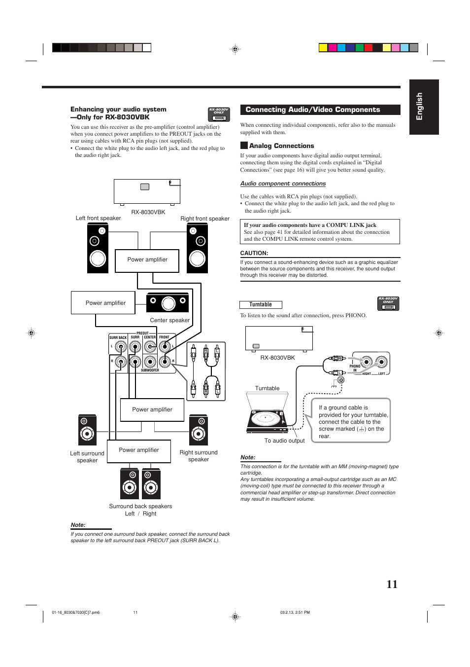 English, Connecting audio/video components, Analog connections | Enhancing your audio system —only for rx-8030vbk | JVC RX-7030VBK User Manual | Page 72 / 114