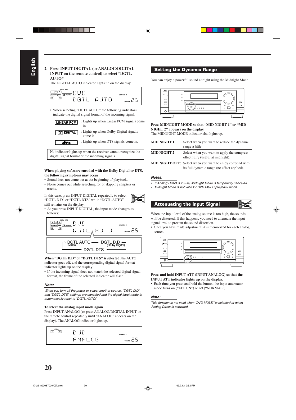 English, Setting the dynamic range, Attenuating the input signal | Dgtl auto dgtl d.d dgtl dts | JVC RX-7030VBK User Manual | Page 81 / 114