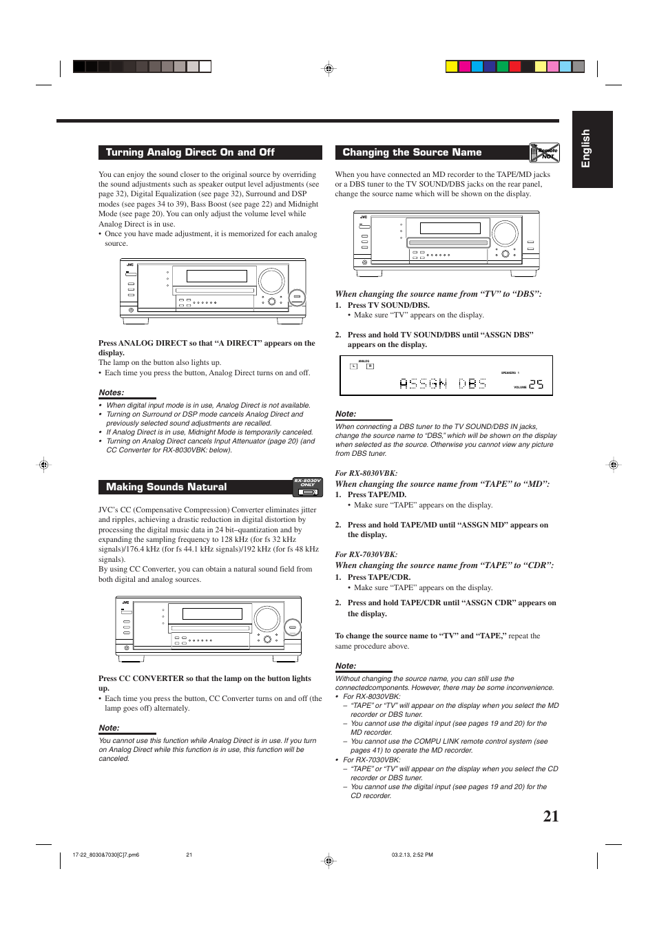 English, Turning analog direct on and off, Making sounds natural | Changing the source name | JVC RX-7030VBK User Manual | Page 82 / 114