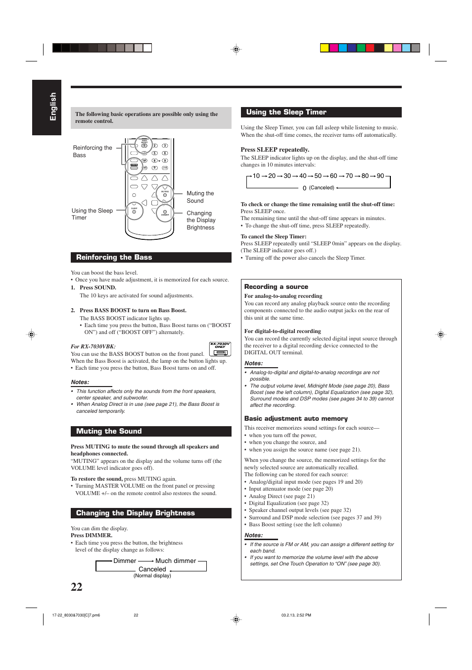 English, Reinforcing the bass, Muting the sound | Changing the display brightness, Using the sleep timer | JVC RX-7030VBK User Manual | Page 83 / 114