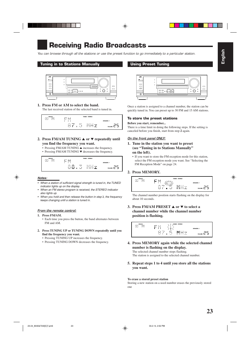 Receiving radio broadcasts, English, Using preset tuning | JVC RX-7030VBK User Manual | Page 84 / 114