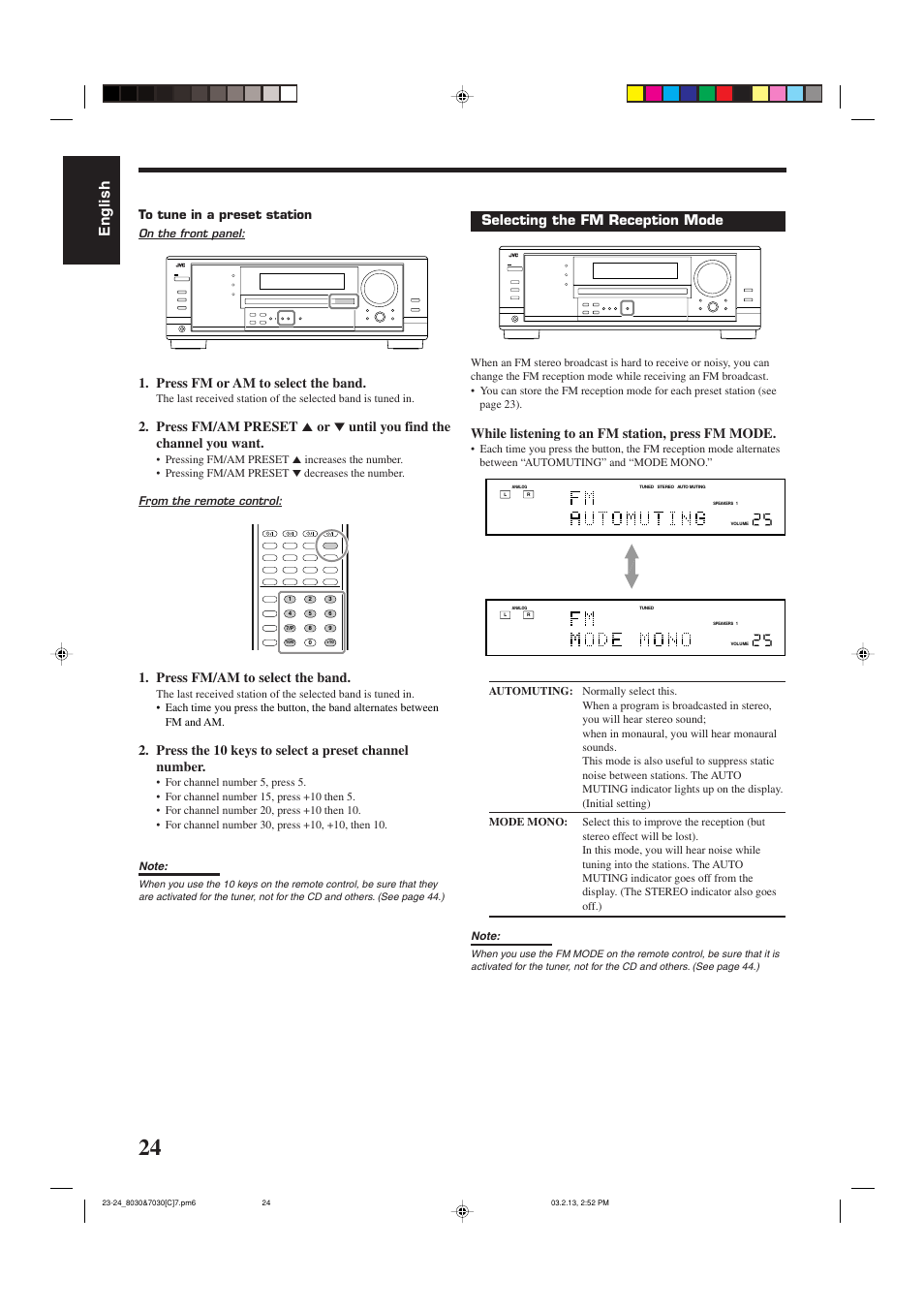 English, Press fm or am to select the band, Press fm/am to select the band | Selecting the fm reception mode, While listening to an fm station, press fm mode | JVC RX-7030VBK User Manual | Page 85 / 114