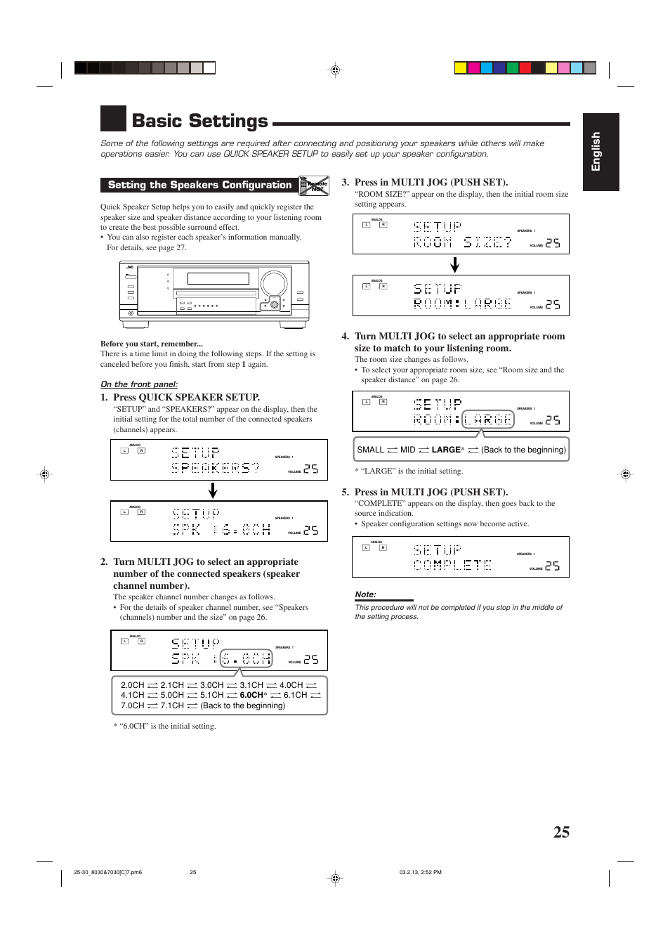 Basic settings, English, Setting the speakers configuration | Press quick speaker setup, Press in multi jog (push set), On the front panel | JVC RX-7030VBK User Manual | Page 86 / 114