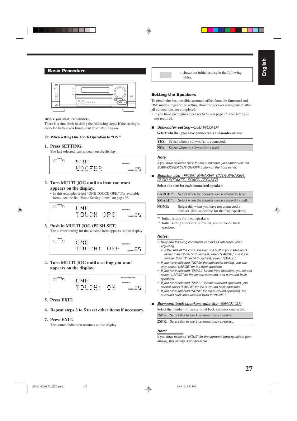 English, Basic procedure, Press setting | Push in multi jog (push set), Setting the speakers | JVC RX-7030VBK User Manual | Page 88 / 114