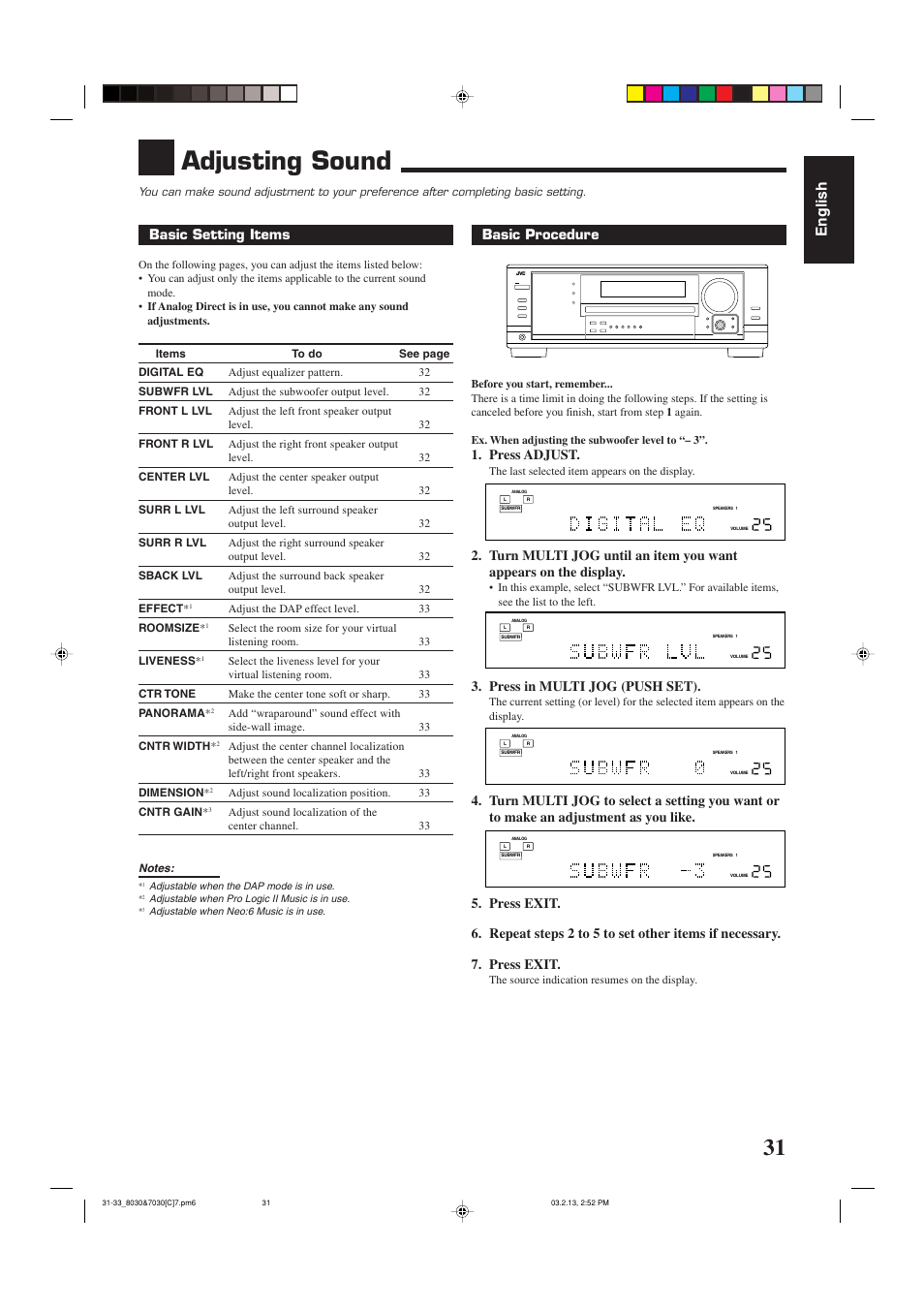 Adjusting sound, English, Basic procedure | Press adjust, Press in multi jog (push set), Basic setting items | JVC RX-7030VBK User Manual | Page 92 / 114