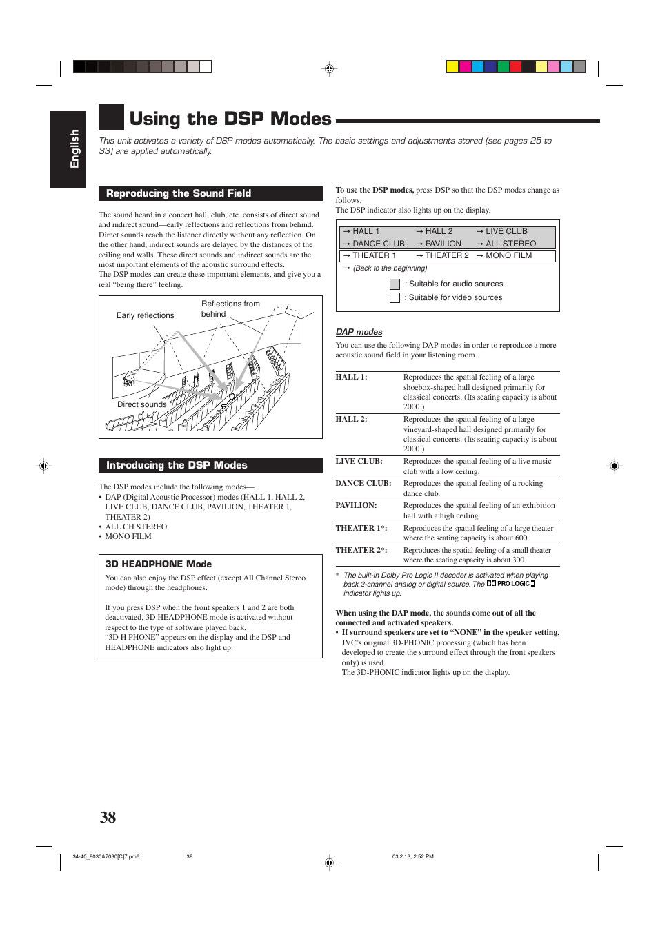 Using the dsp modes, English | JVC RX-7030VBK User Manual | Page 99 / 114