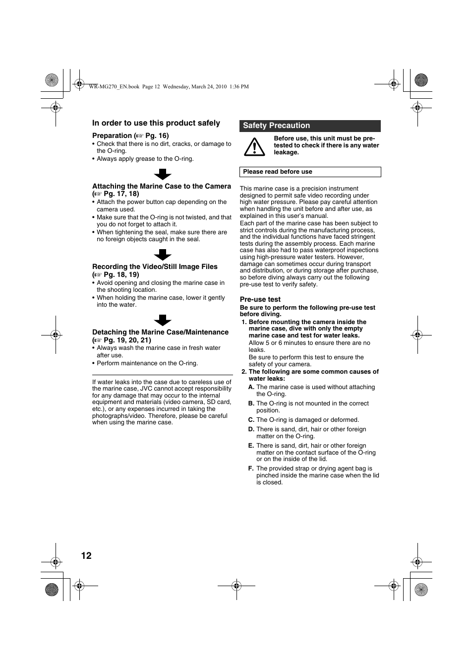 Marine case, Safety precaution | JVC WR-MG270 User Manual | Page 2 / 18