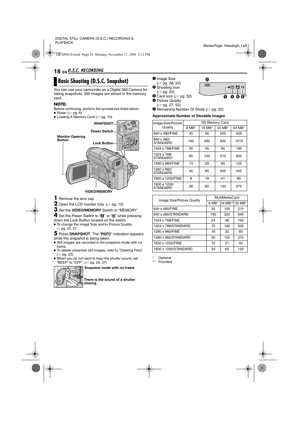 Digital still camera (d.s.c.) recording & playback, D.s.c. recording, Basic shooting (d.s.c. snapshot) | JVC GR-D94 User Manual | Page 18 / 56