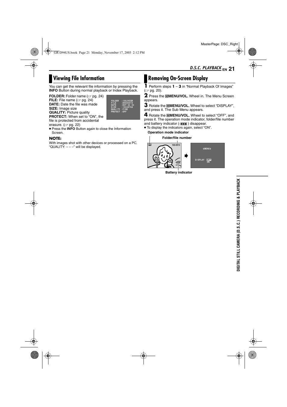 Viewing file information, Removing on-screen display, Pg. 21) | D.s.c. playback | JVC GR-D94 User Manual | Page 21 / 56