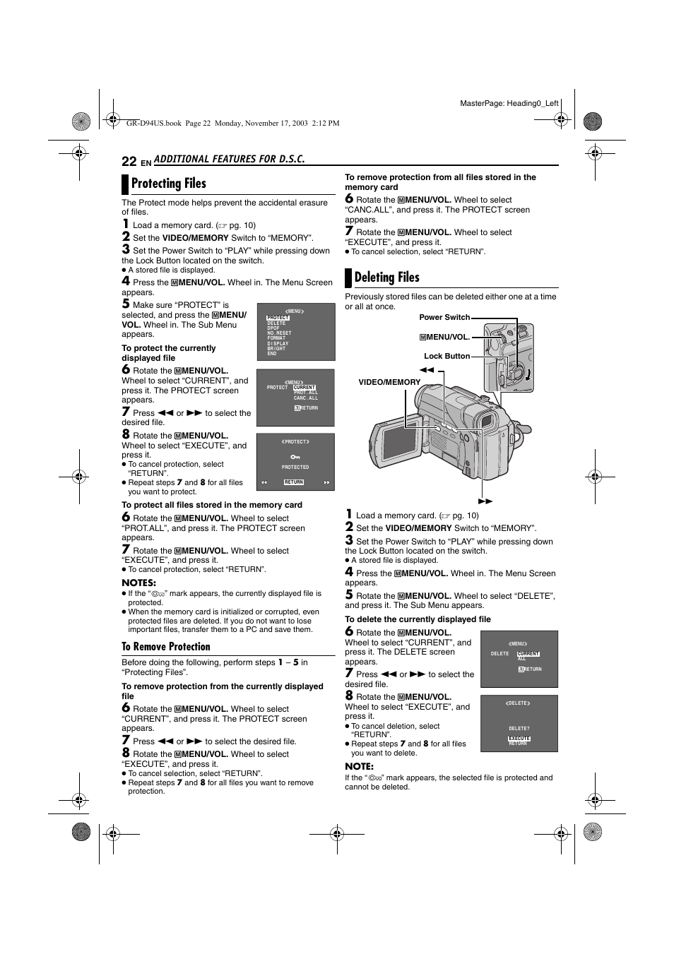 Additional features for d.s.c, Protecting files, To remove protection | Deleting files, Protecting files deleting files, Pg. 22) | JVC GR-D94 User Manual | Page 22 / 56