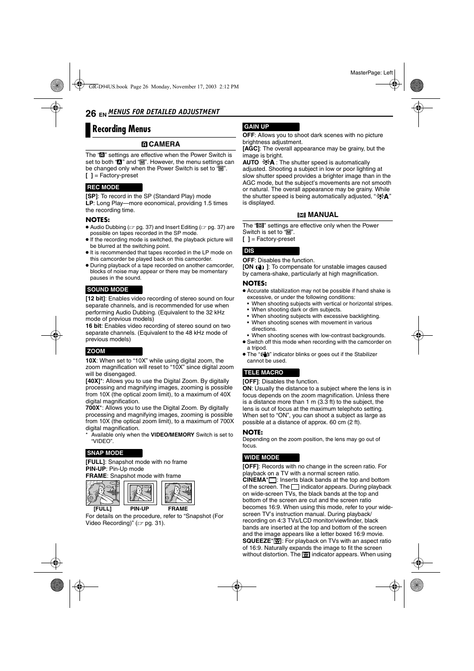 Recording menus, Nd 26, Pg. 26) | Pg. 26) is | JVC GR-D94 User Manual | Page 26 / 56