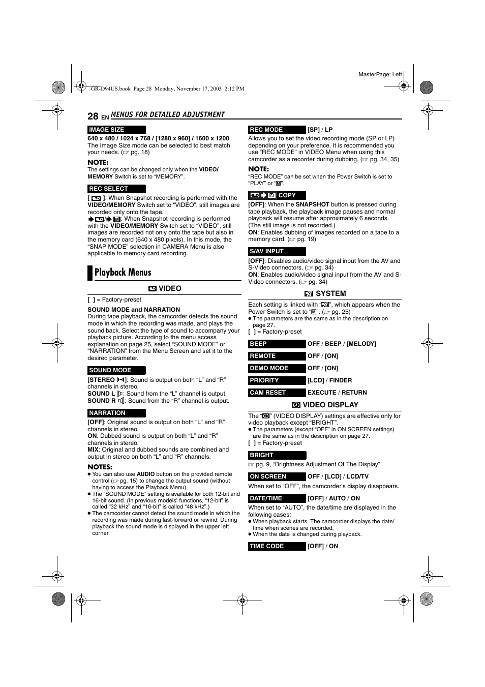 Playback menus, Pg. 28), st, Pg. 28 | JVC GR-D94 User Manual | Page 28 / 56