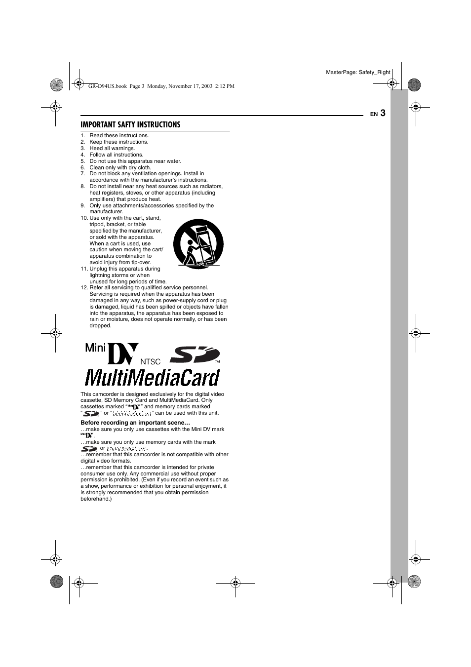 Important safty instructions | JVC GR-D94 User Manual | Page 3 / 56