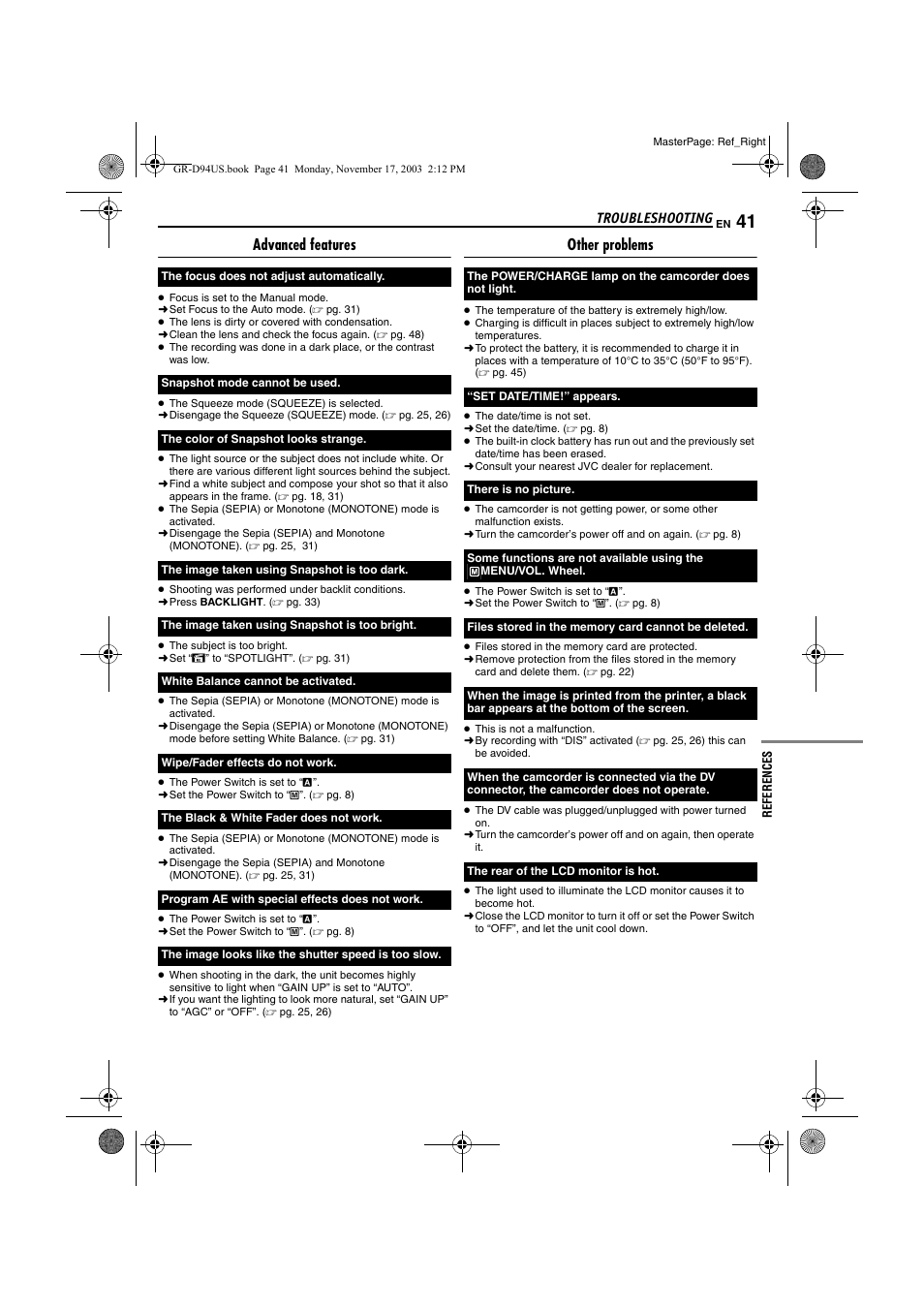 Advanced features, Other problems, Troubleshooting | JVC GR-D94 User Manual | Page 41 / 56