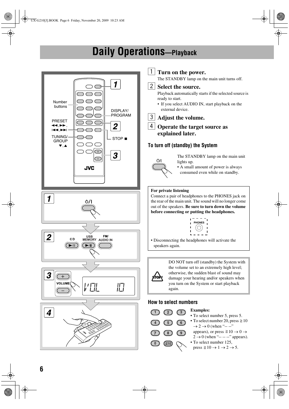 Daily operations—playback, Daily operations, Playback | Turn on the power, Select the source, Adjust the volume, Operate the target source as explained later | JVC CA-UXG210 User Manual | Page 10 / 24