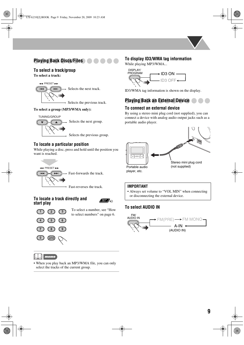 Playing back discs/files, Playing back an external device | JVC CA-UXG210 User Manual | Page 13 / 24