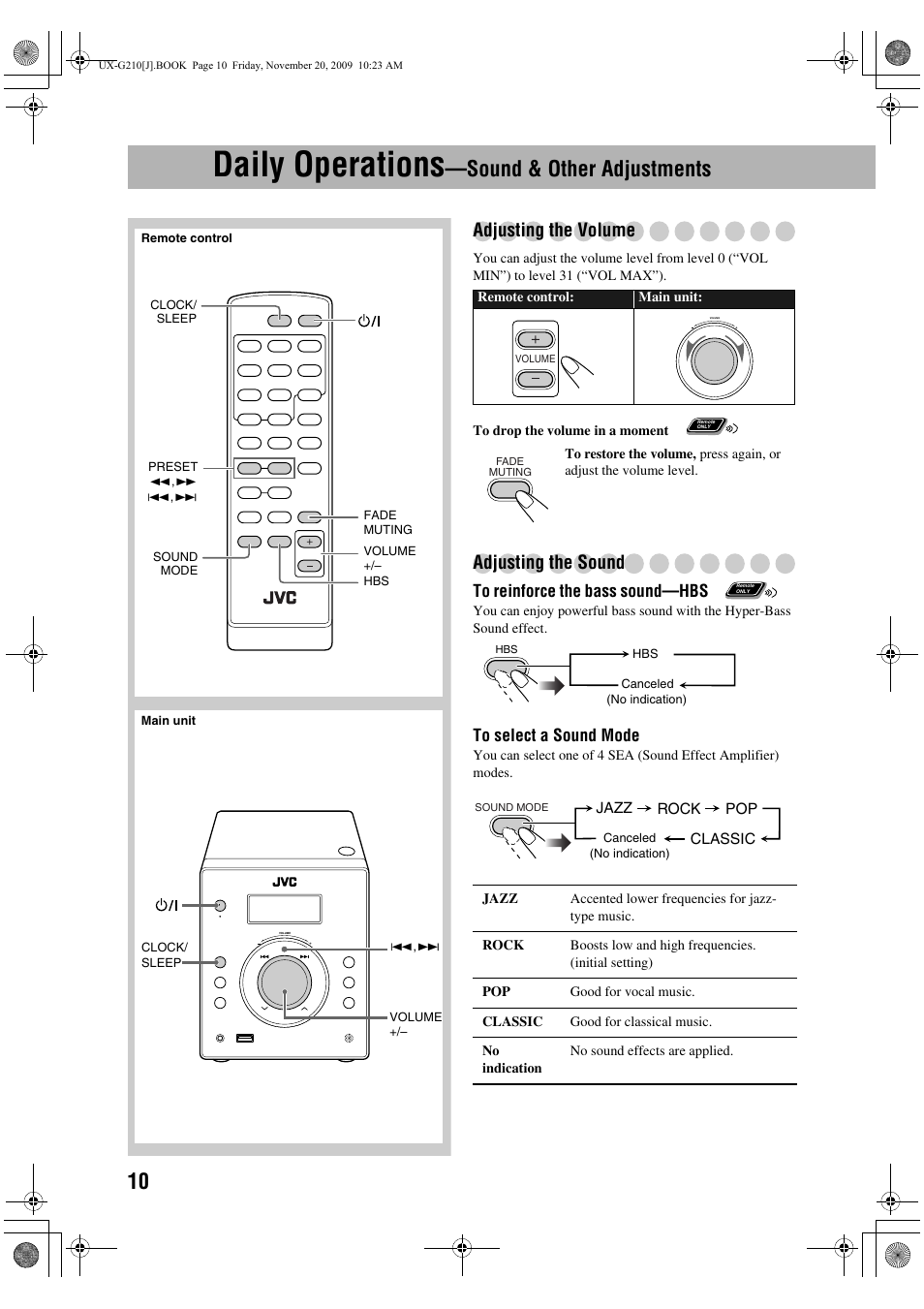 Daily operations—sound & other adjustments, Adjusting the volume, Adjusting the sound | Daily operations, Sound & other adjustments | JVC CA-UXG210 User Manual | Page 14 / 24