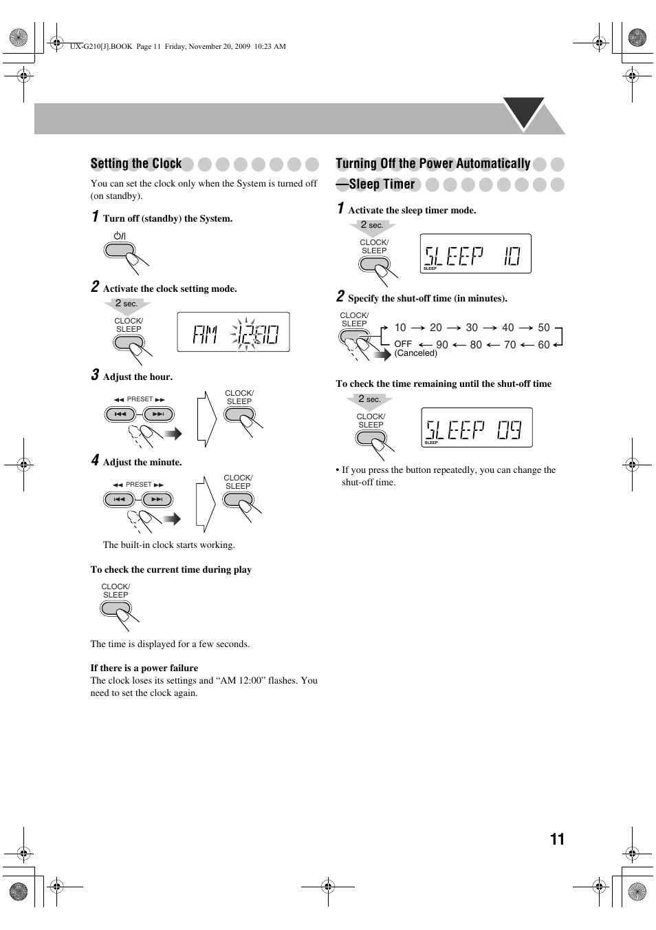 Setting the clock, Turning off the power automatically —sleep timer | JVC CA-UXG210 User Manual | Page 15 / 24