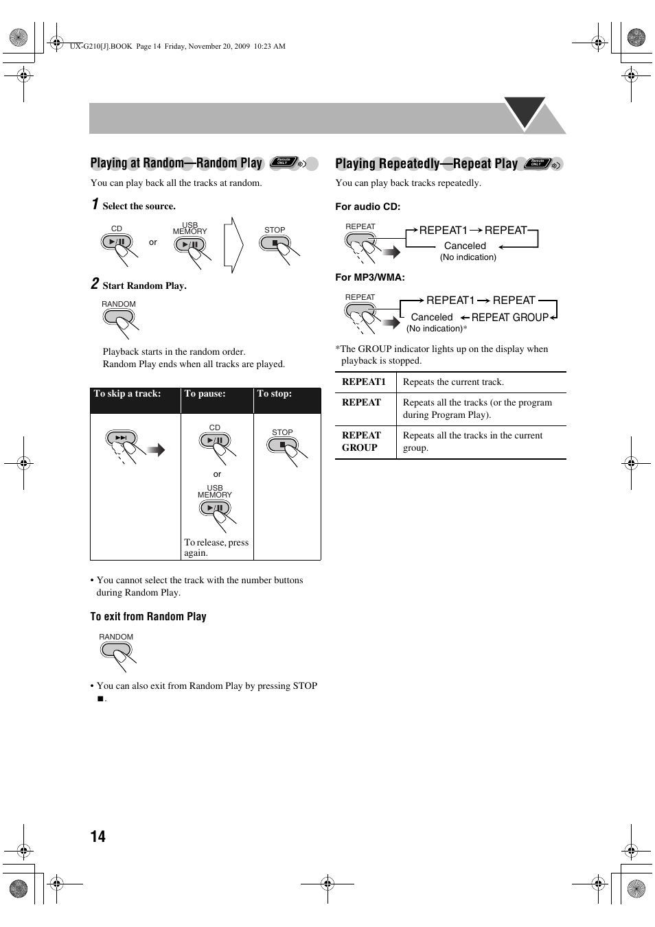 Playing at random—random play, Playing repeatedly—repeat play | JVC CA-UXG210 User Manual | Page 18 / 24