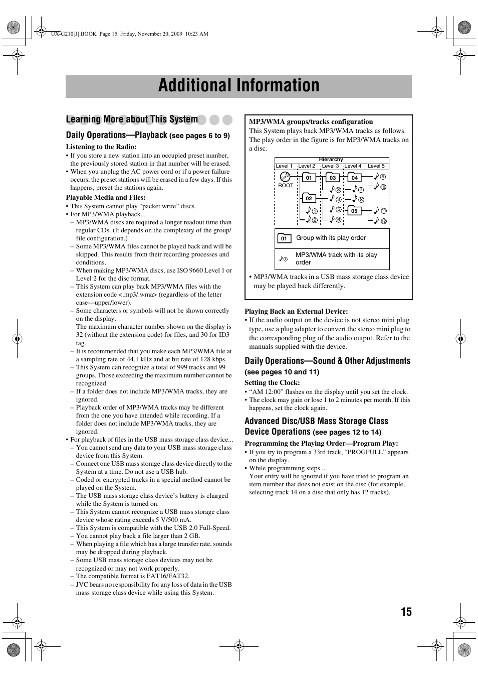 Additional information, Learning more about this system, Daily operations—playback | Daily operations—sound & other adjustments | JVC CA-UXG210 User Manual | Page 19 / 24