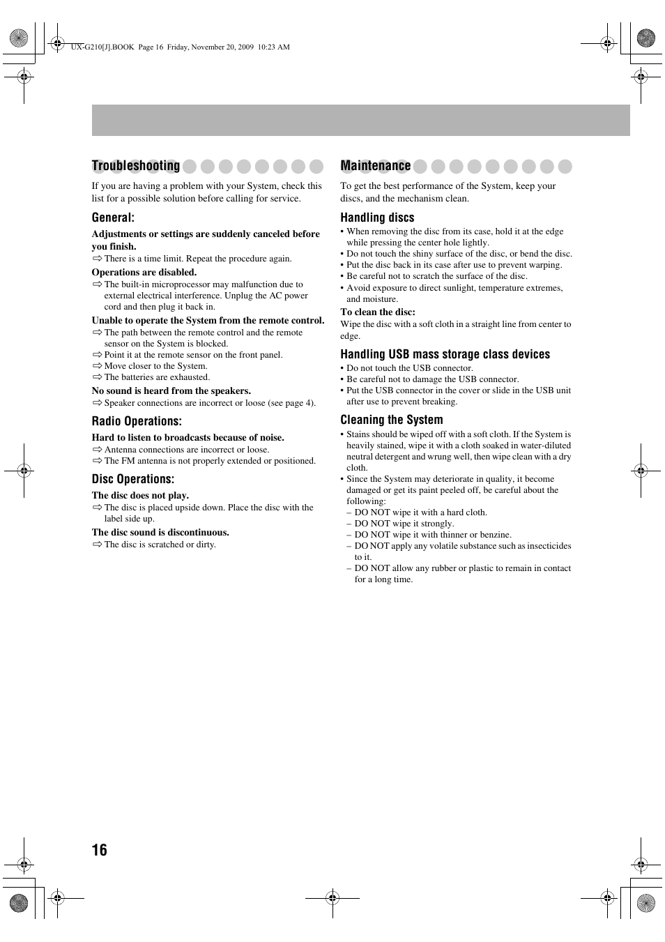 Troubleshooting, Maintenance | JVC CA-UXG210 User Manual | Page 20 / 24