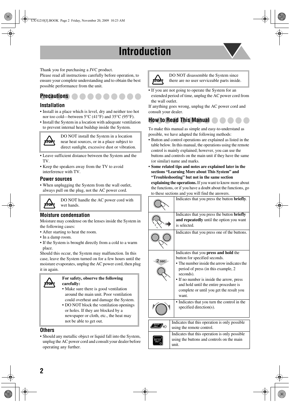 Introduction, Precautions, How to read this manual | JVC CA-UXG210 User Manual | Page 6 / 24