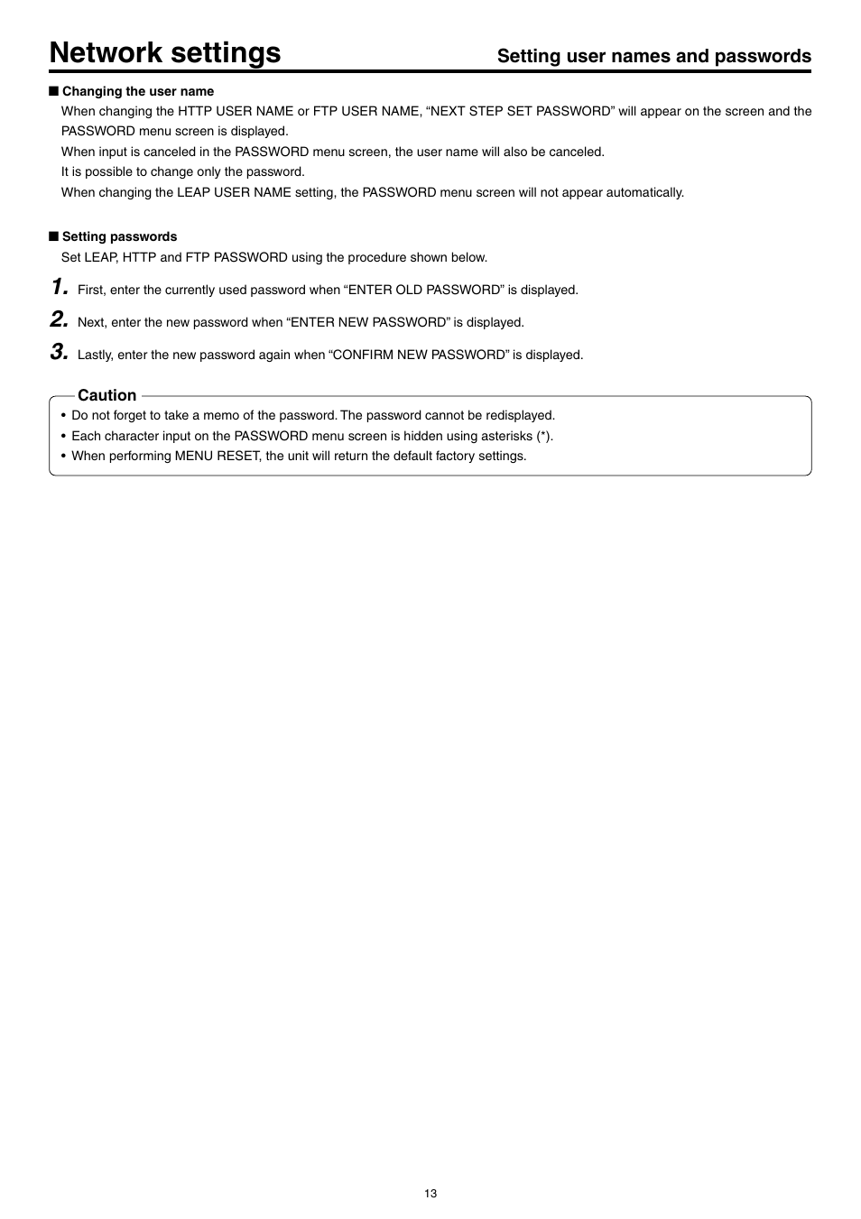 Setting user names and passwords, Network settings | JVC KA-DV5000 User Manual | Page 13 / 52