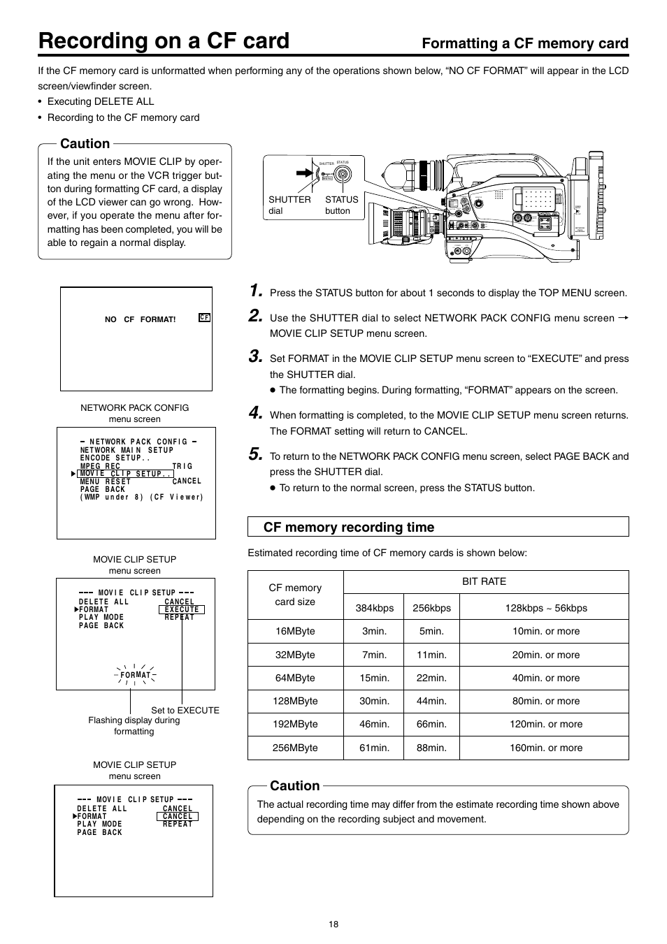 Recording on a cf card, Formatting a cf memory card, Cf memory recording time | Caution | JVC KA-DV5000 User Manual | Page 18 / 52