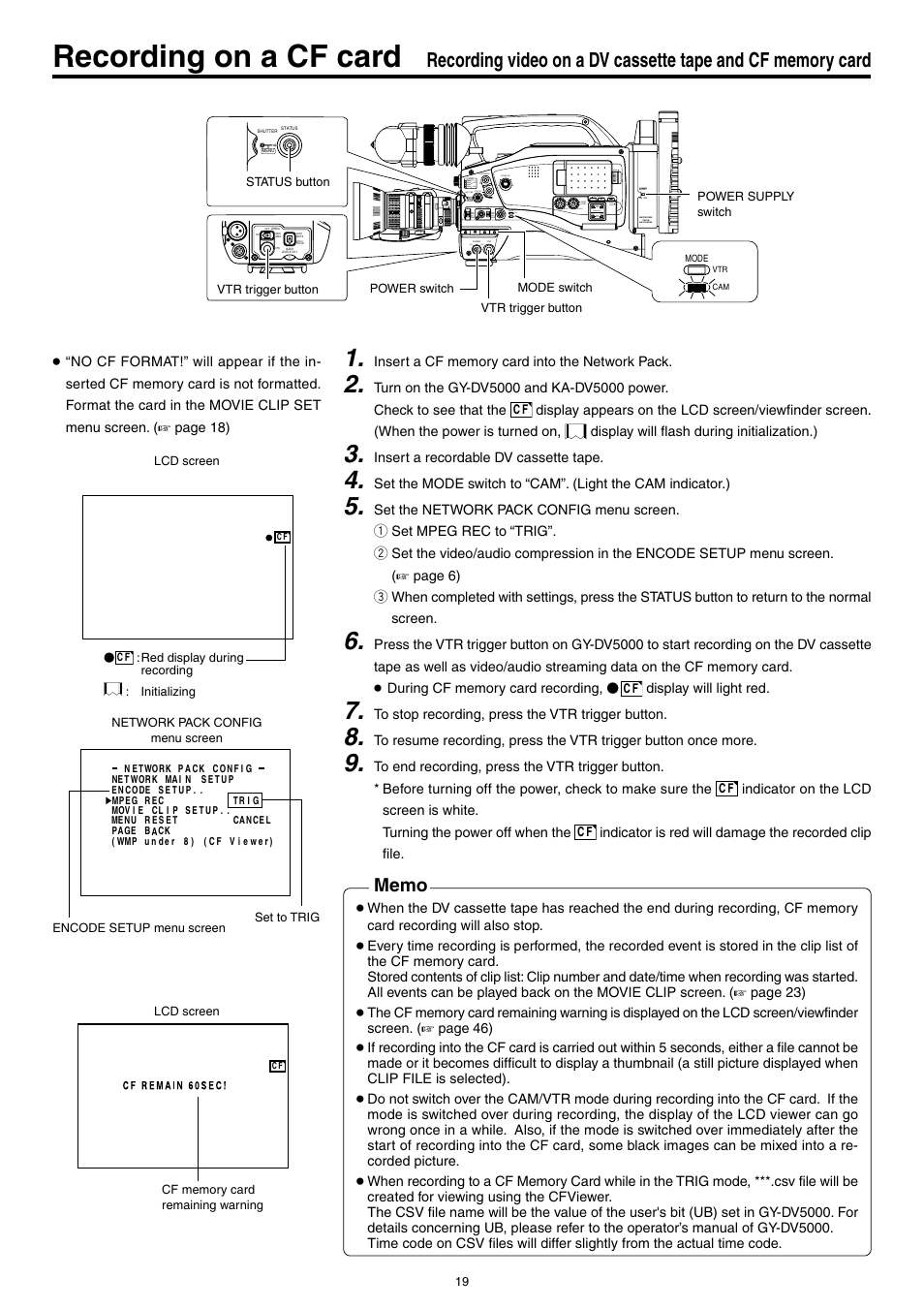Recording on a cf card | JVC KA-DV5000 User Manual | Page 19 / 52