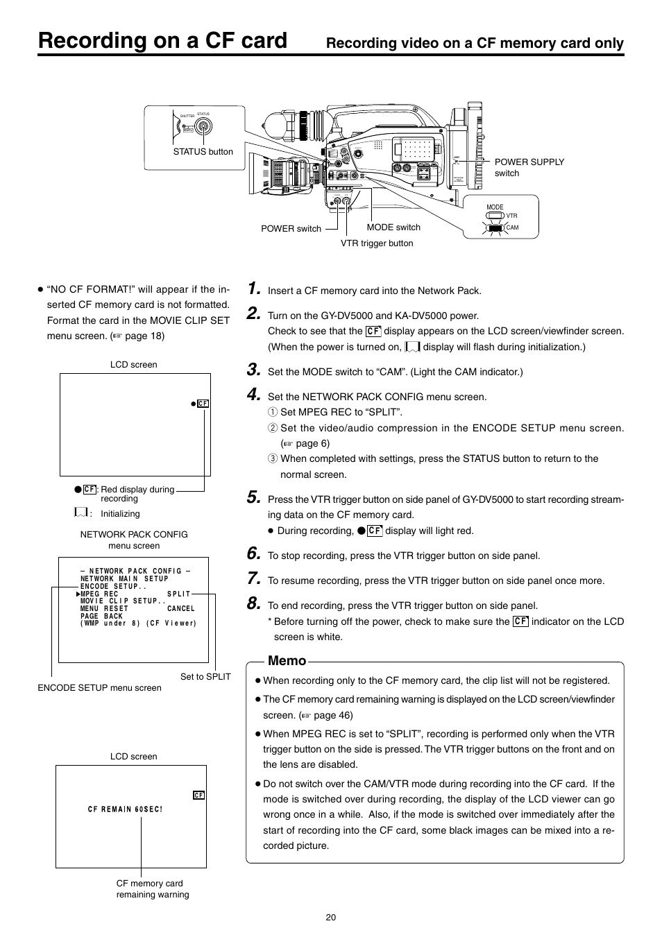 Recording video on a cf memory card only, Recording on a cf card | JVC KA-DV5000 User Manual | Page 20 / 52