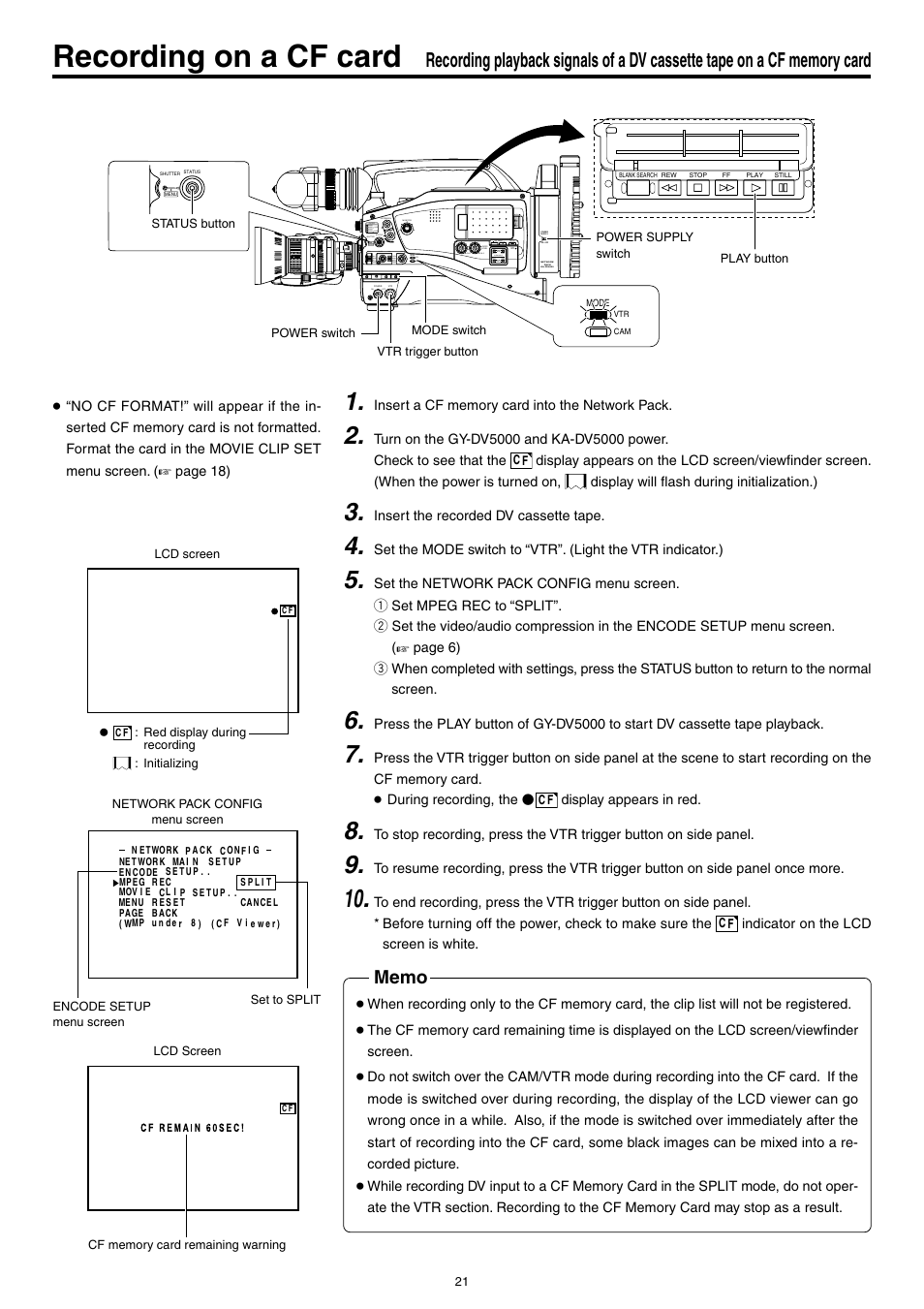 Recording on a cf card | JVC KA-DV5000 User Manual | Page 21 / 52