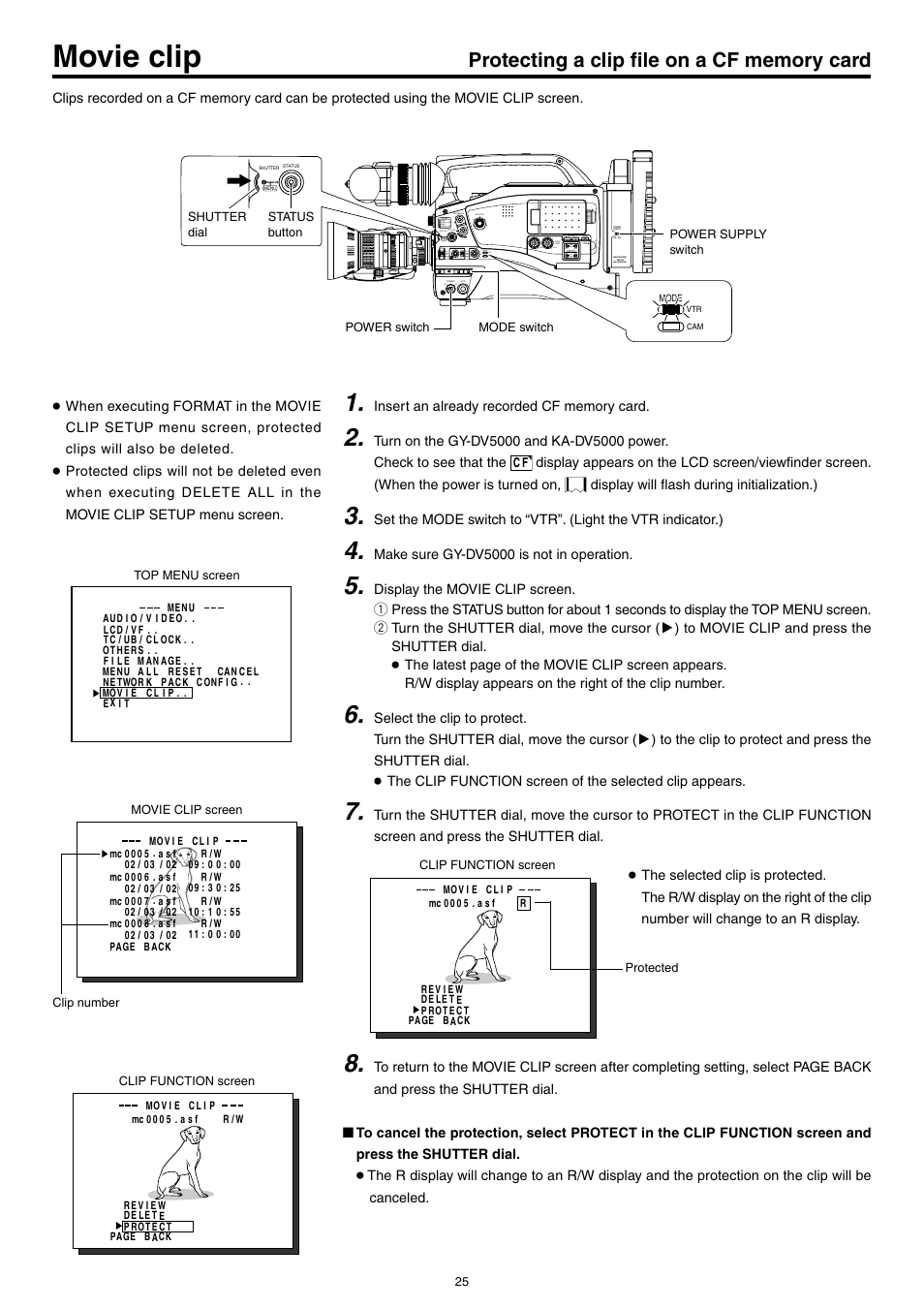 Protecting a clip file on a cf memory card, Movie clip | JVC KA-DV5000 User Manual | Page 25 / 52